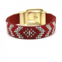 Modern faux leather bracelet with red and white crystals with belt clasp